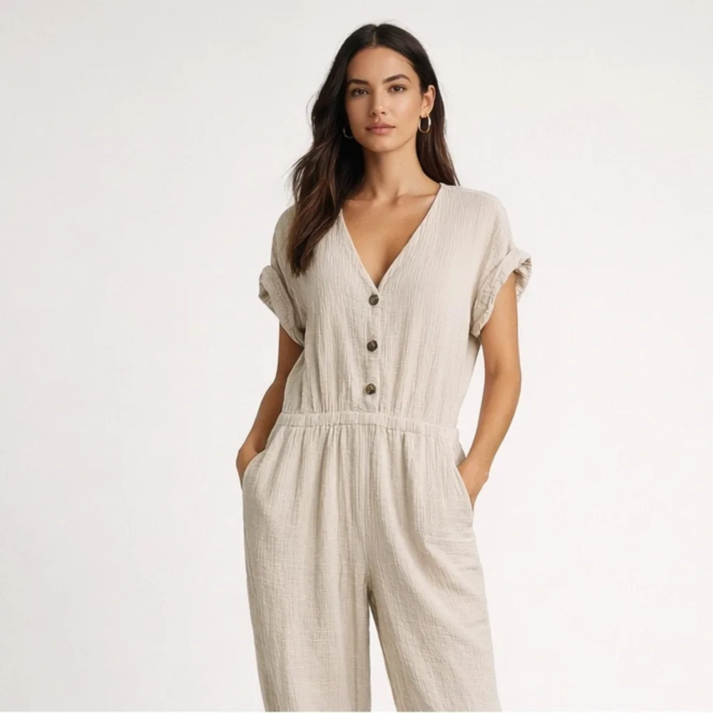 Joe Fresh Beige Tan Short Sleeve Jumpsuit Pockets Size XL Summer Size resort - Picture 2 of 8